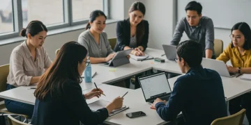 Teachers actively participating in a tech-integrated professional development workshop.