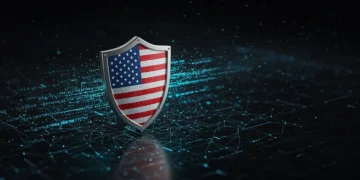 Digital shield protecting U.S. cyber infrastructure in 2025, symbolizing national security against evolving threats.