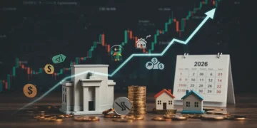 Financial instruments and a rising interest rate graph symbolizing 2026 Federal Reserve rate hikes impact on investments.