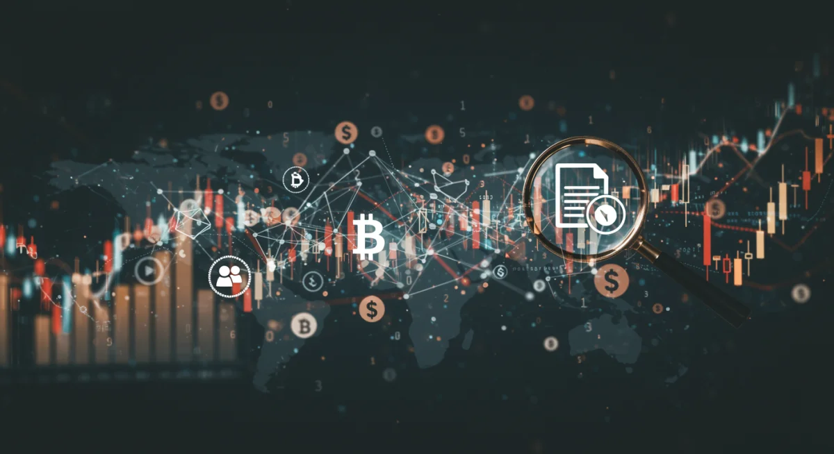 Blockchain network with digital assets, market charts, and a magnifying glass examining a legal document.