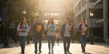 College students walking on campus with books, symbolizing educational pursuits and financial planning for higher education.