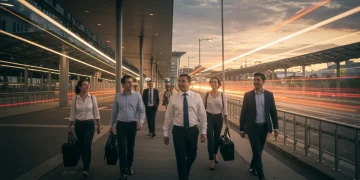 Diverse commuters happily utilizing public transport, symbolizing smart financial choices for 2025