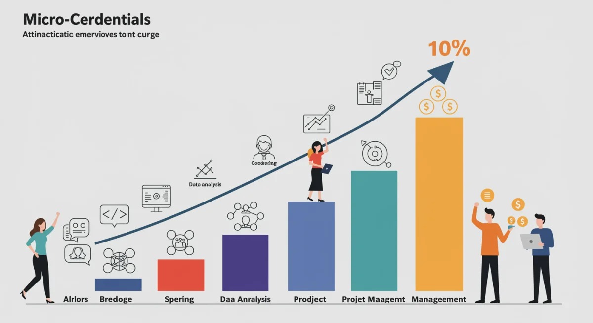 Bar chart illustrating a 10% increase in earning potential due to micro-credentials, with icons representing diverse skills.