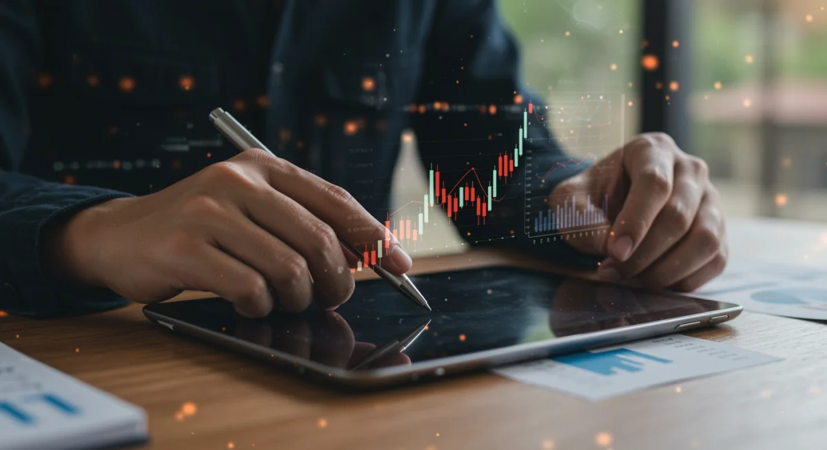 Individual analyzing financial reports and investment portfolios with data charts.