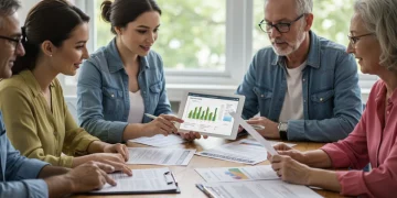 Group reviewing healthcare benefits and open enrollment documents for 2026