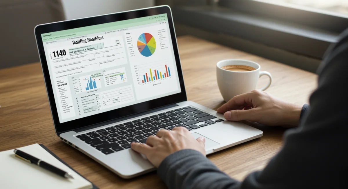 Individual reviewing tax documents on a laptop, engaged in proactive financial planning for the upcoming tax season.