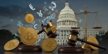 Cryptocurrency symbols with legal gavels and scales, US Capitol in background, representing new regulations.