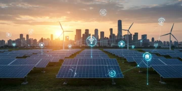 Illustration of US renewable energy policy with solar, wind, and smart grid