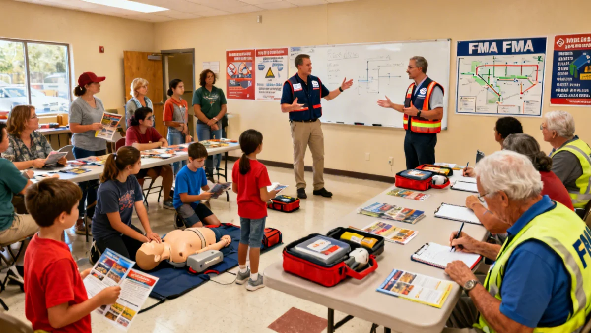 Community members engaged in a disaster preparedness workshop led by FEMA.