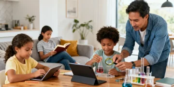 Parents and children learning together in a modern homeschooling environment