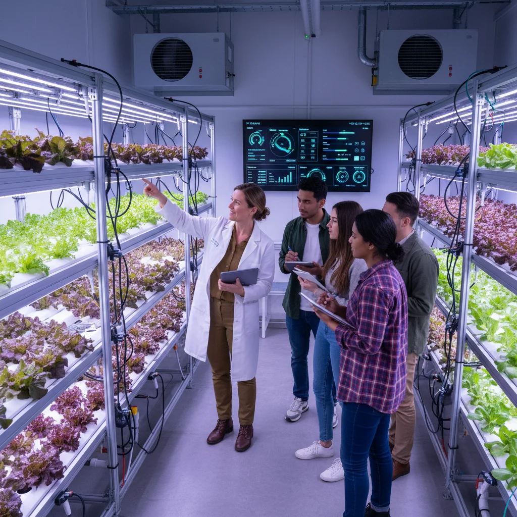 Sustainable agriculture expert teaching hydroponics to students