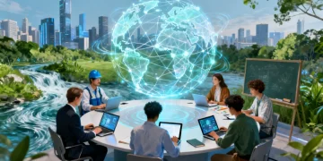 Professionals learning online on various devices, showcasing 2026 lifelong learning trends and professional development.