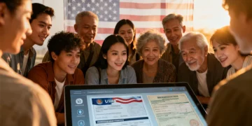 Diverse individuals reviewing digital visa application forms, symbolizing upcoming immigration policy changes and digital processing.