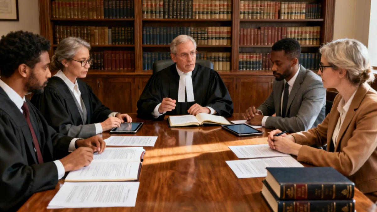 Legal professionals discussing complex judicial review cases and constitutional law.