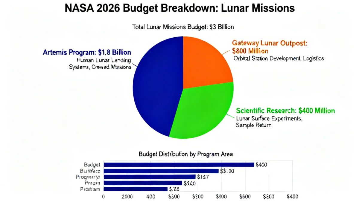 Infographic showing NASA 2026 budget breakdown, emphasizing  billion for lunar missions.