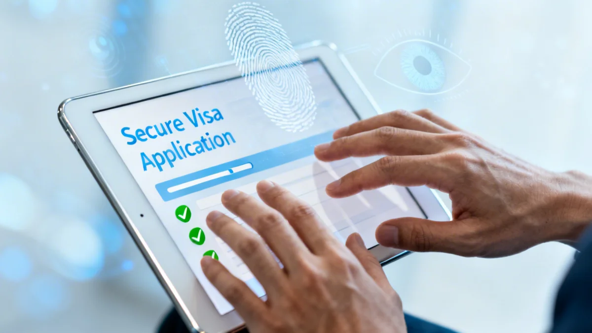 Hands using a tablet for secure online visa application submission, highlighting digital immigration solutions.