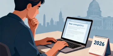 Person researching unemployment benefit extensions for 2026 on a laptop