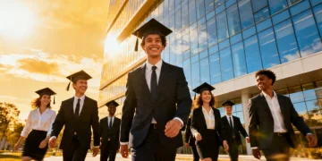 Graduates confidently approaching a modern office building, symbolizing career readiness