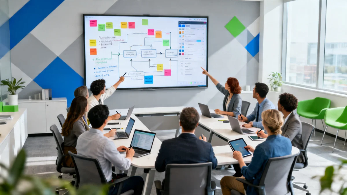 Diverse team collaborating on a digital whiteboard, showcasing modern workplace skills