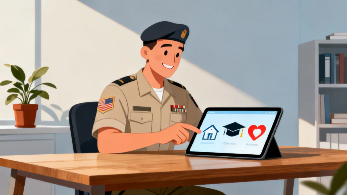 Veteran accessing online benefits portal for housing, education, and healthcare.